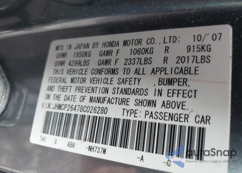 2008 Honda Accord 2.4 Lx-P из США, поврежденный, VIN JHMCP26478C026280